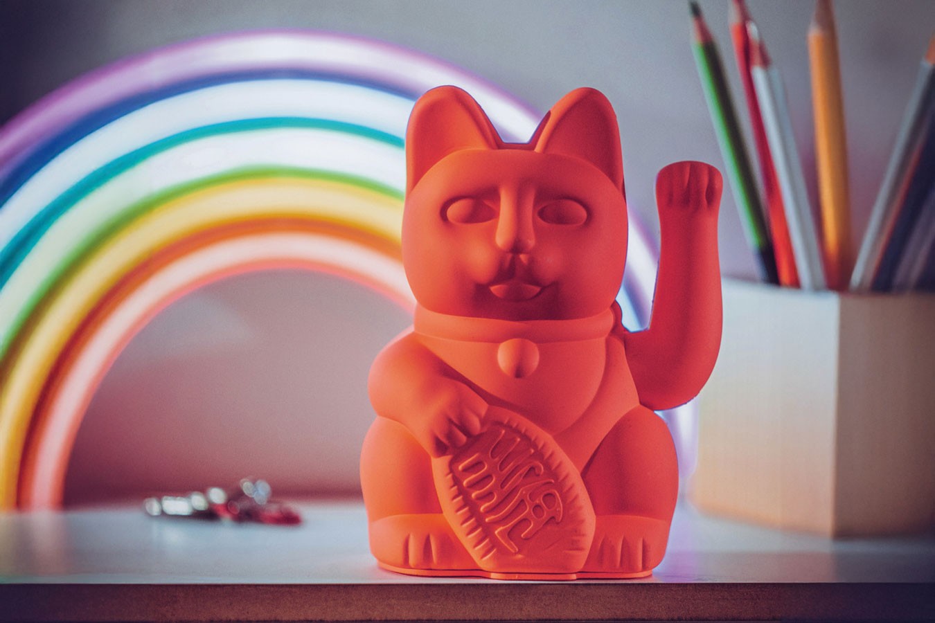 Winkekatze Lucky Cat neonorange matt
